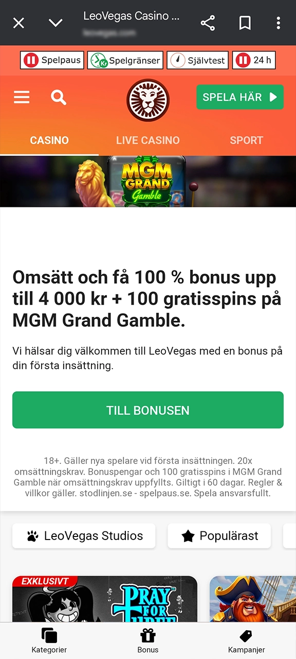 Öppna LeoVegas casinots webbplats på din enhet.