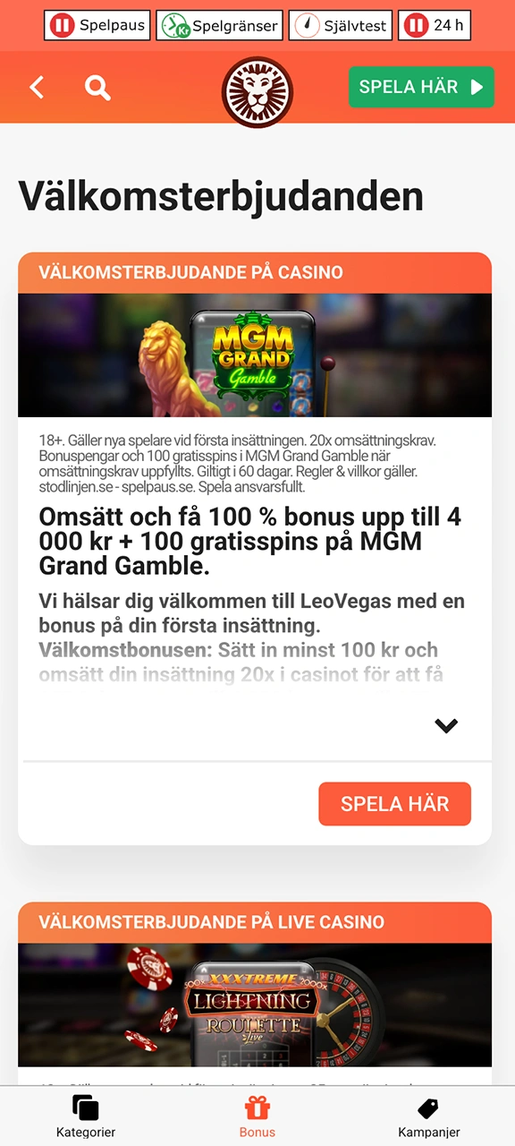 Få trevliga bonusar på LeoVegas online casino.