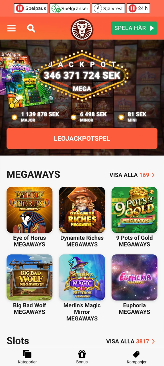 Testa lyckan genom att spela dina favoritspel på LeoVegas casino.