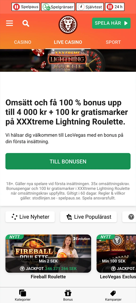Njut av det användarvänliga gränssnittet i LeoVegas casino-appen.