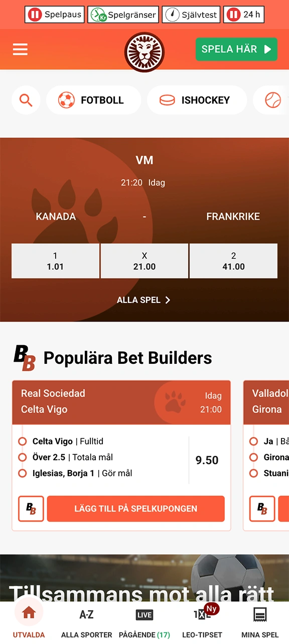 Spela på sport och vinn med LeoVegas casino-appen.