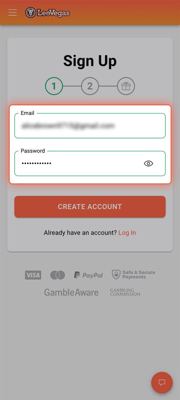 Följ instruktionerna för att fylla i registreringsformuläret hos LeoVegas.