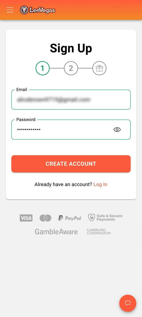 Ange din e-postadress och skapa ett säkert lösenord för att registrera dig på LeoVegas casino.