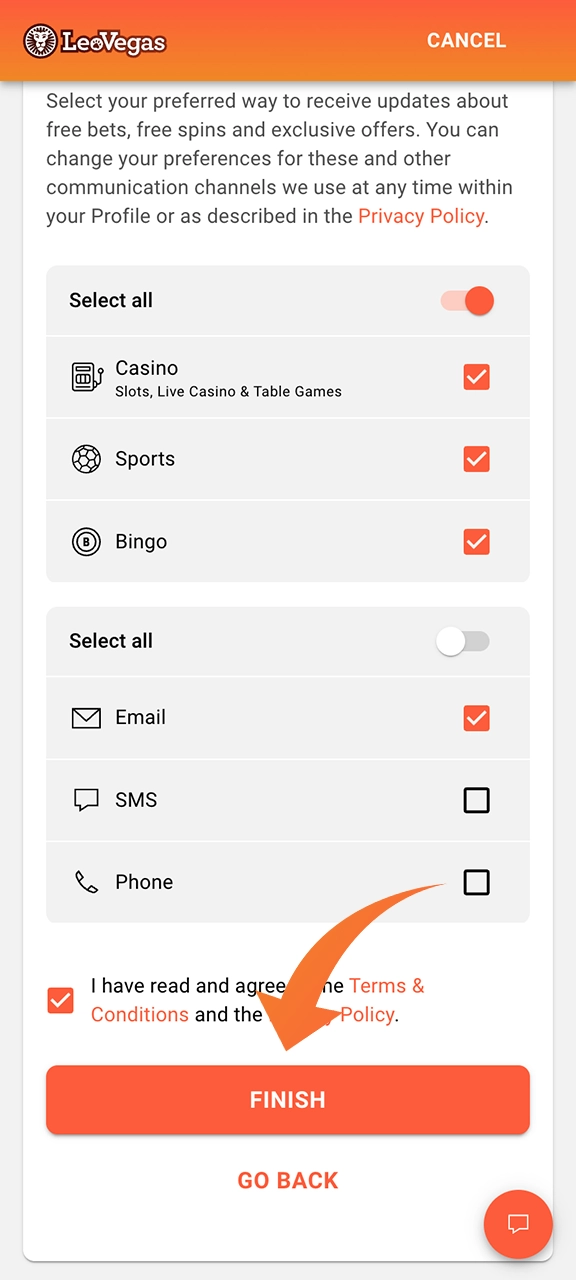 Slutför registreringsprocessen på LeoVegas casino genom att godkänna alla regler för plattformen.