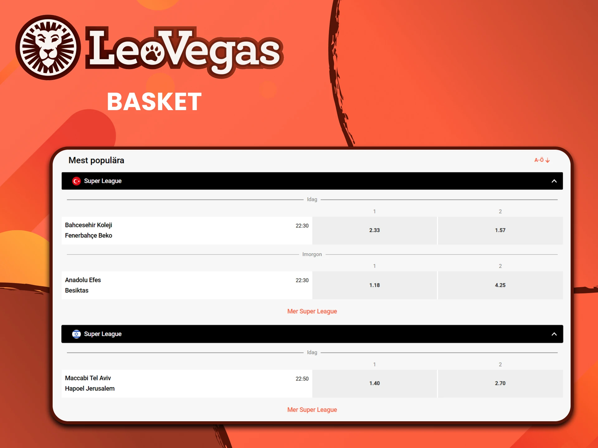 För att spela på Leovegas, välj basket.