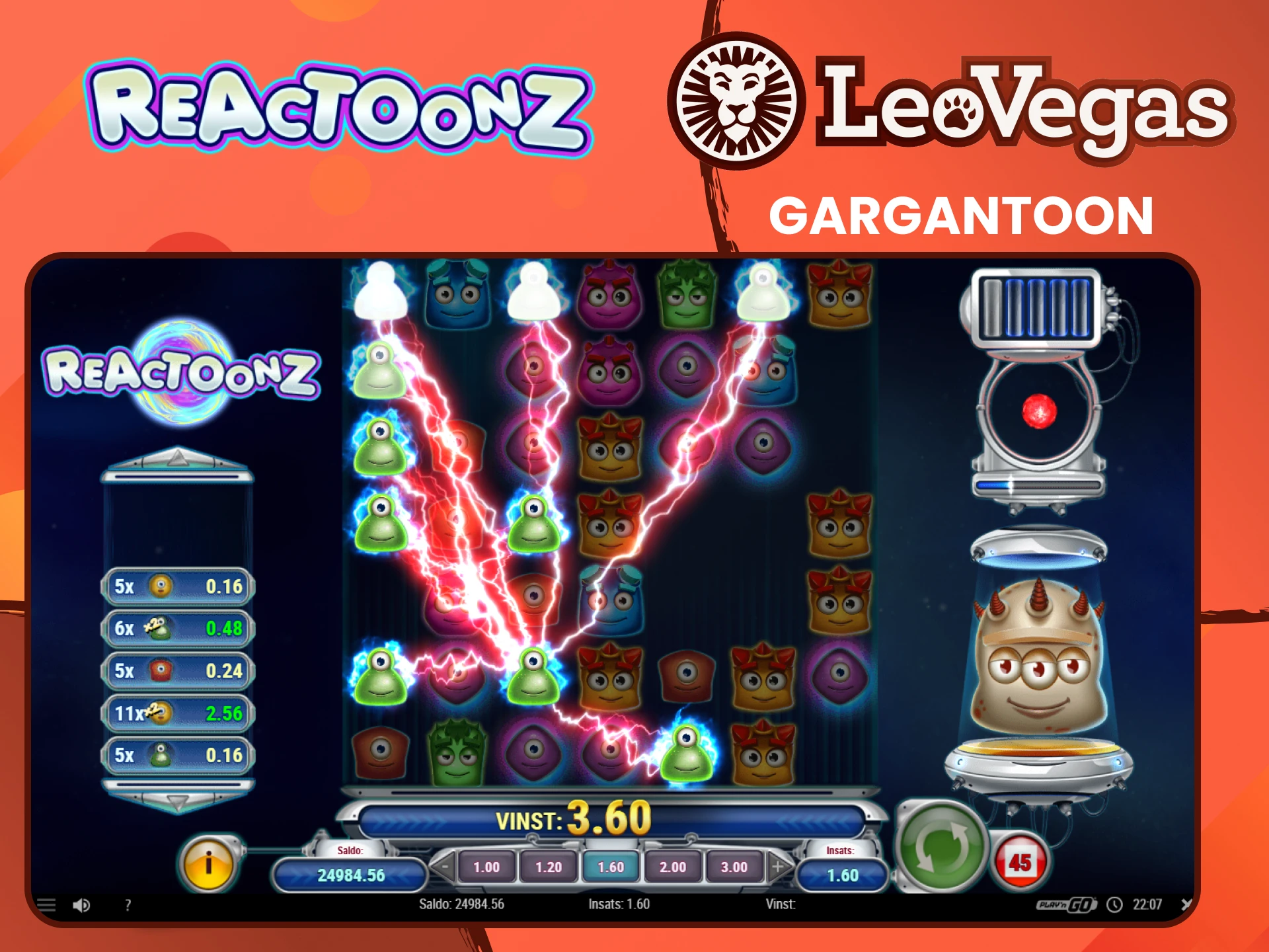 Du har chansen att träffa Gargantoon-symbolen i spelet Reactoonz från Leovegas.