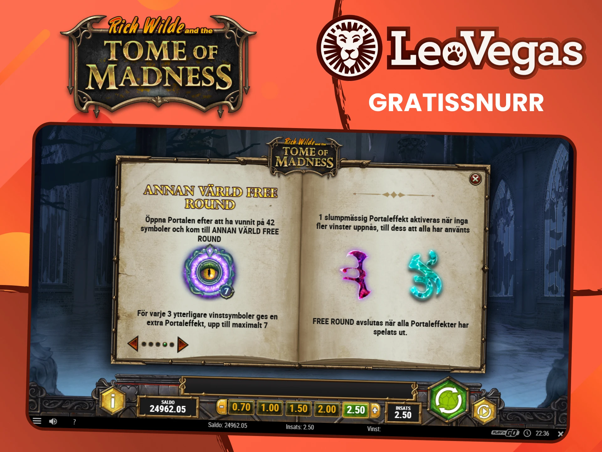 Du har chansen att vinna gratissnurr i spelet Rich Wilde and the Tome of Madness från Leovegas.