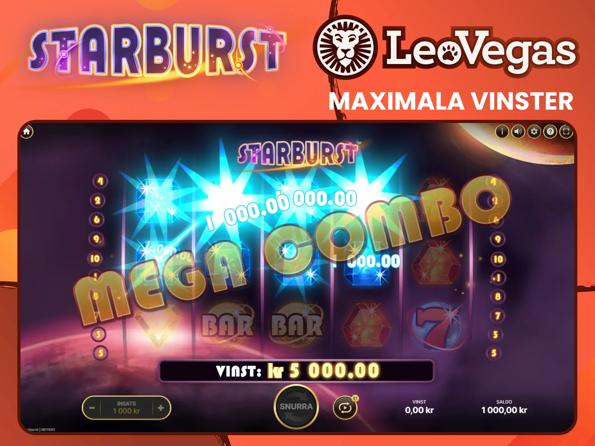 Du har chansen att vinna maxvinsterna i Starburst-spelet från Leovegas.