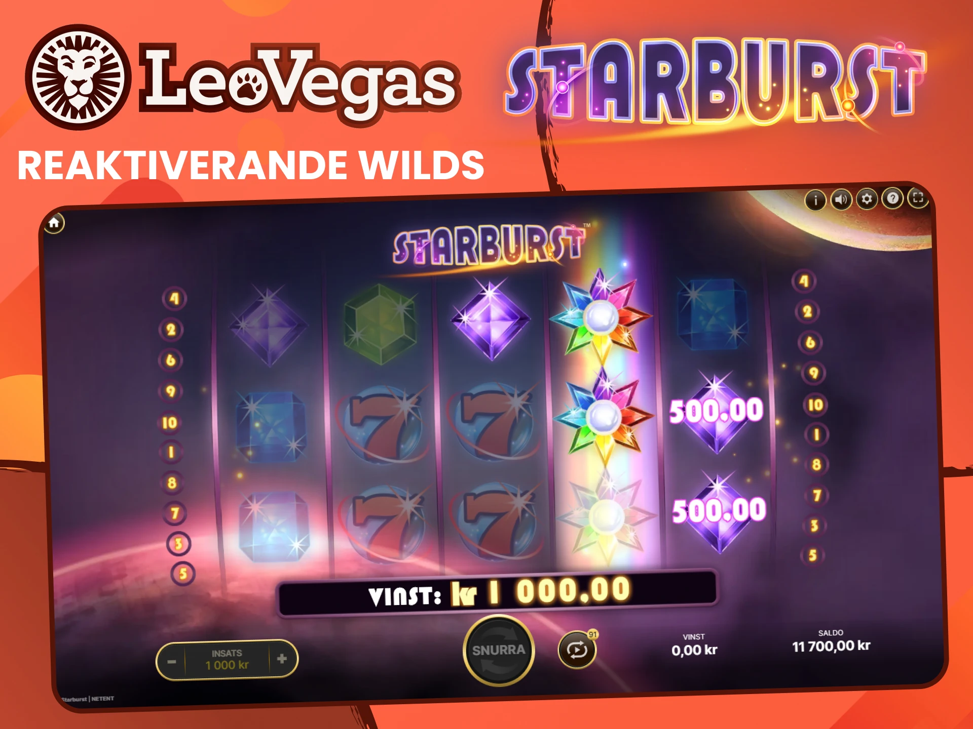 Återaktivera Wilds-symboler i spelet Starburst från Leovegas.