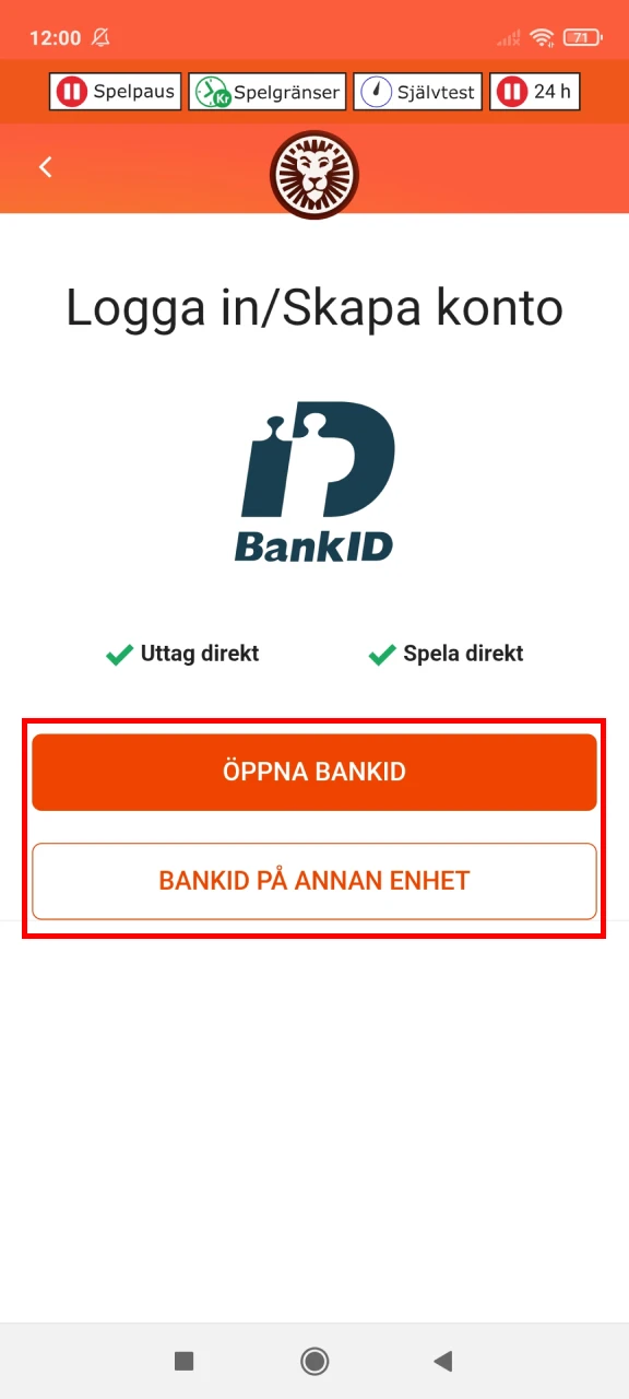 För att logga in, välj Bank-ID från Leovegas.
