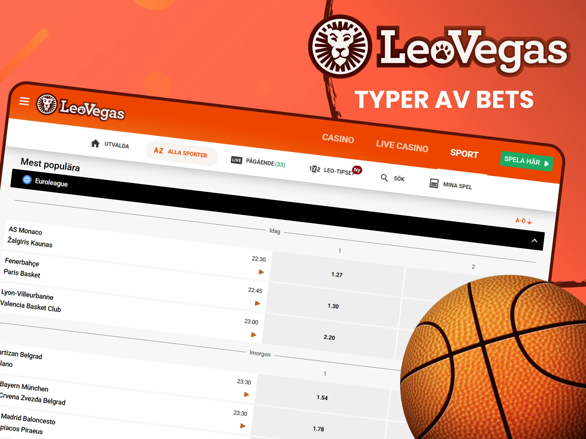 Du hittar en mängd olika basketbettingalternativ från Leovegas.