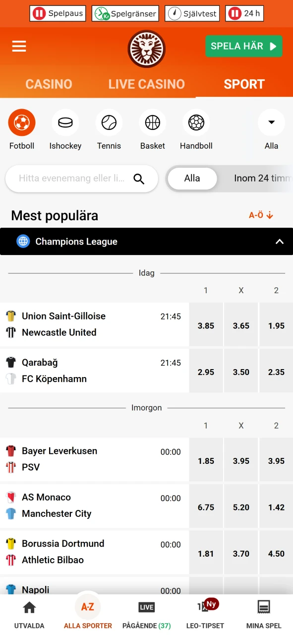 Välj ett fotbollsevenemang att satsa på Leovegas.